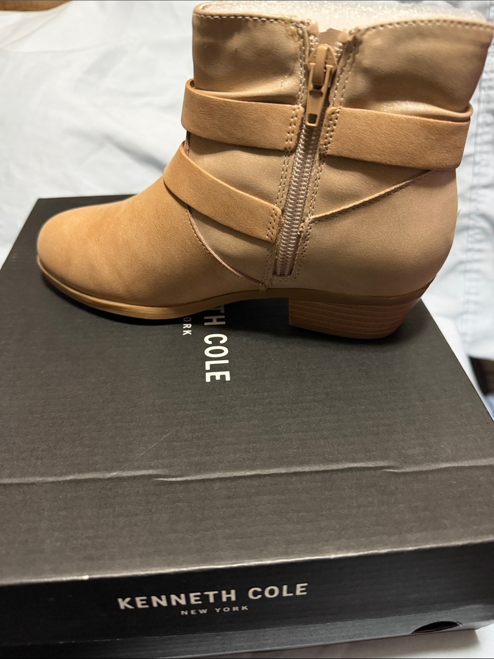 Kenneth Cole Tan Ankle Boots with Wrap Strap and Side Zip